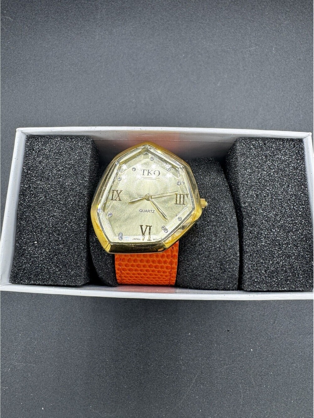 TKO Orlogi Quartz Watch Orange Textured Strap Gold Tone Octagon Case NIB